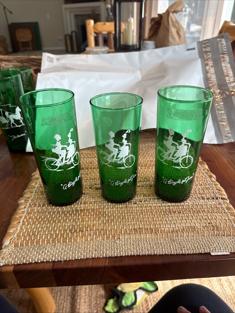 Anchor Hocking Green Glass Tumblers with White Bicycle Print - Set of 3